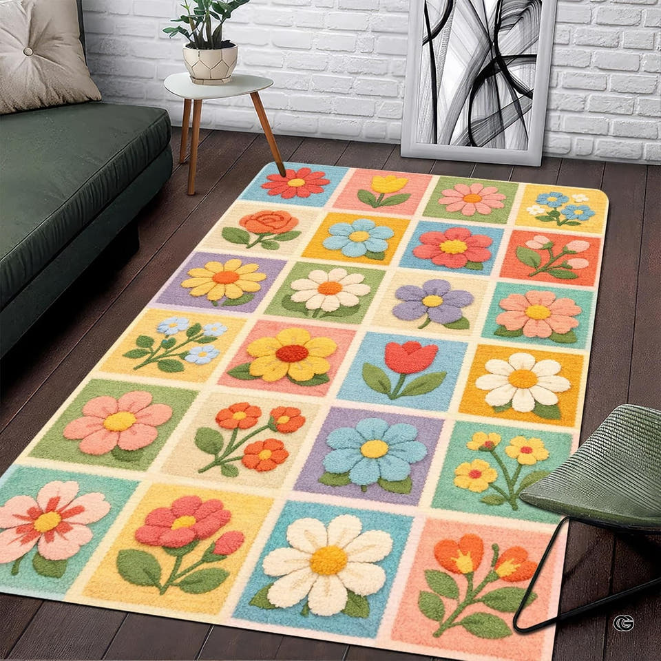 Rectangular floral grid mosaic area rug placed on dark hardwood floor next to modern green sofa.
