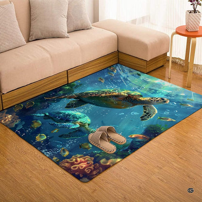 Sea turtle duo coral rug displayed beside living room couch and side table. - thumbnail image 7 of 7