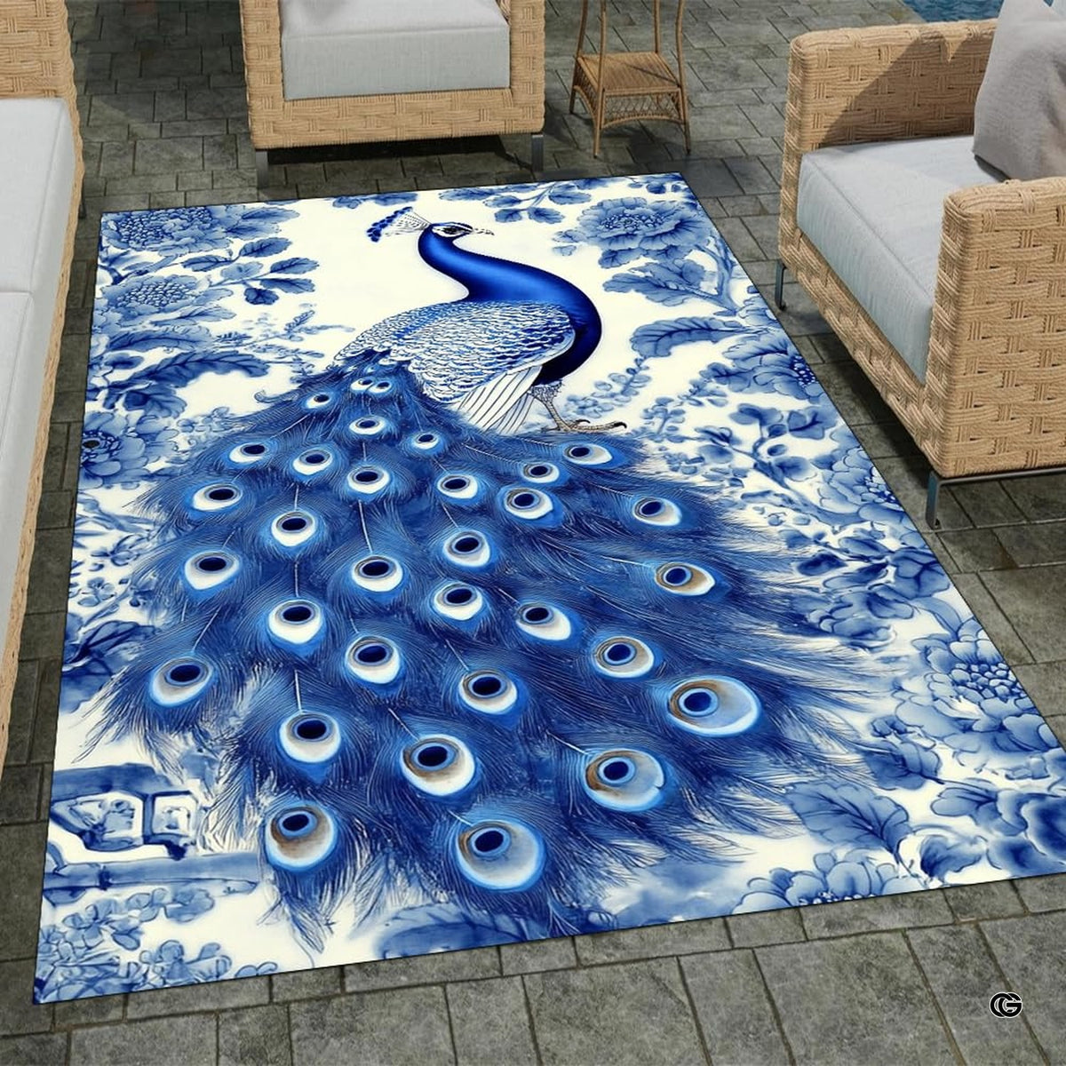 Overhead layout view of the rectangular blue and white porcelain peacock wildlife area rug - image 7 of 8