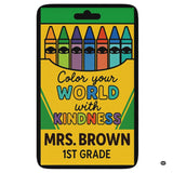 Crayon box classroom area rug with seven illustrated crayons in bright yellow and green packaging.