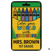Crayon box classroom area rug with seven illustrated crayons in bright yellow and green packaging. - thumbnail image 1 of 7