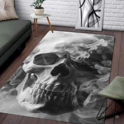 Sunlit living space mockup showcasing the 3D angled smoke skull rug laid flat between furniture - thumbnail image 7 of 8