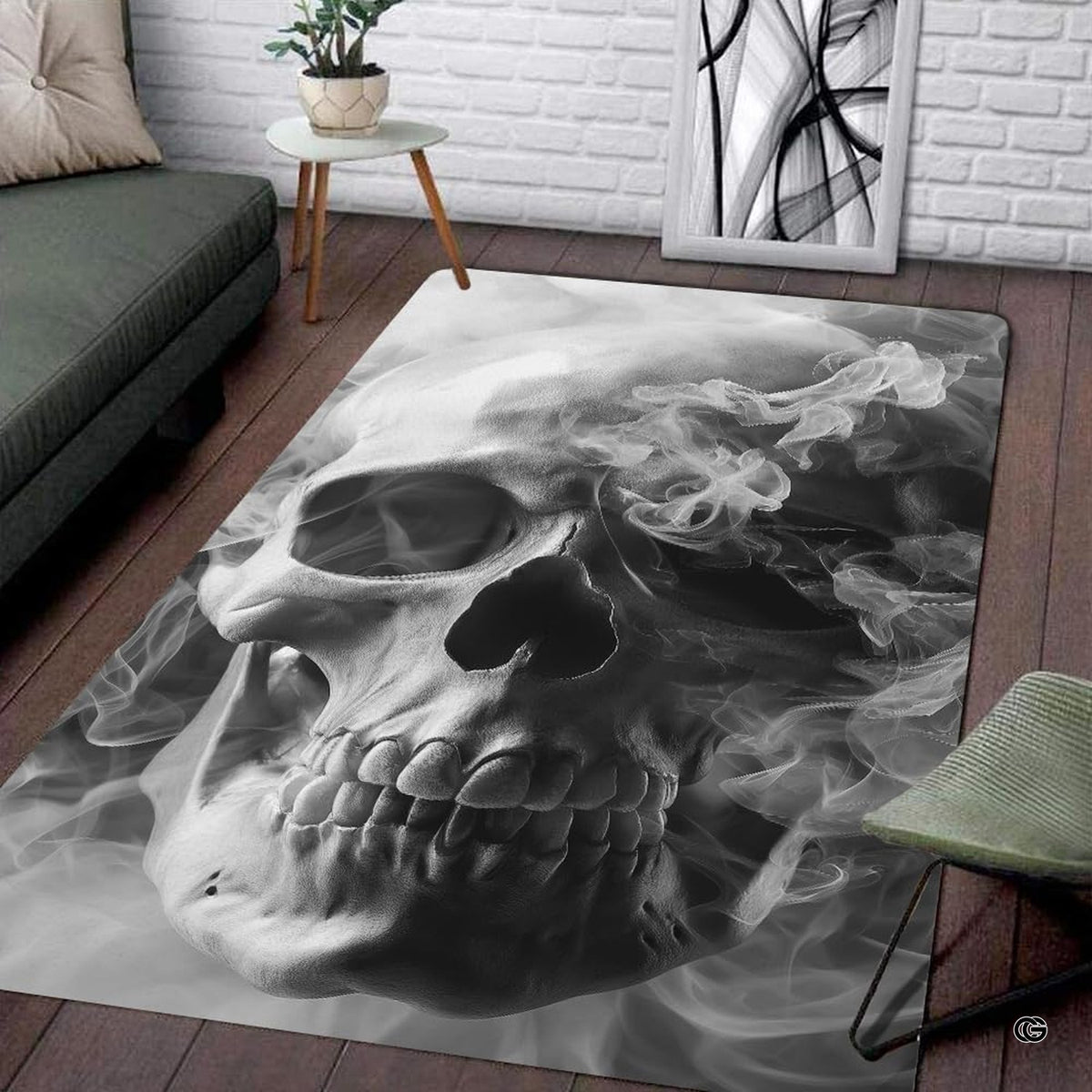 Sunlit living space mockup showcasing the 3D angled smoke skull rug laid flat between furniture - image 7 of 8