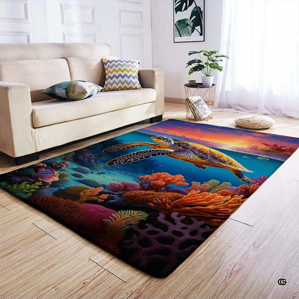 Artistic sea turtle area rug styled in modern coastal lounge with ocean-inspired interior decor.