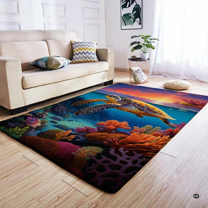 Artistic sea turtle area rug styled in modern coastal lounge with ocean-inspired interior decor. - thumbnail image 4 of 7