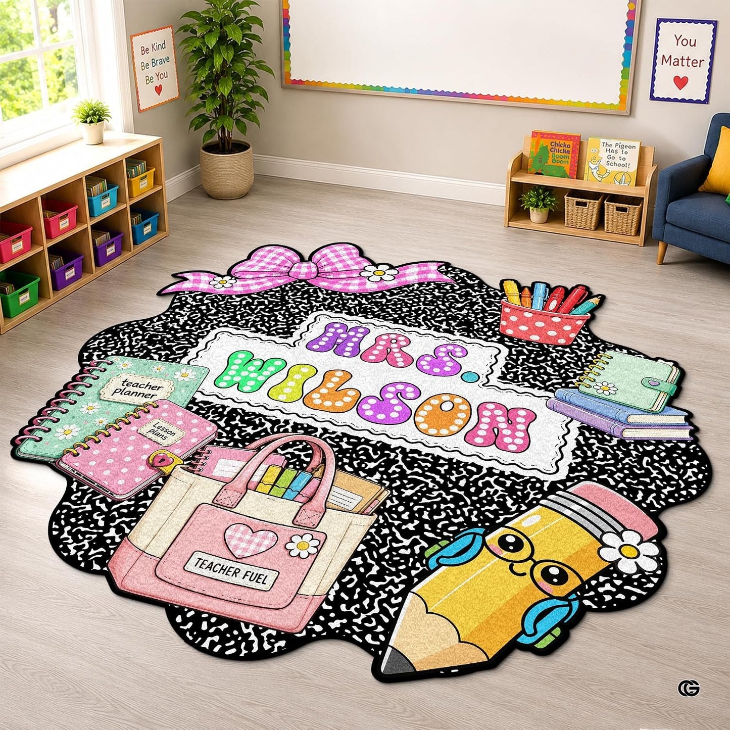 Personalized Composition Notebook Classroom Shaped Rugs for Kids (A01) | Custom Pennant Flag Carpet for Reading Corner, Non-Slip Apple Shape Rug Mat, Classroom Decor, Back To School Gift