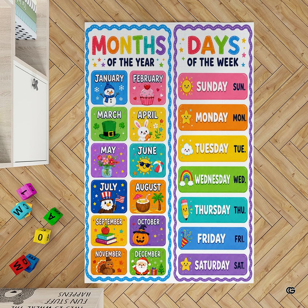 Close view of colorful seasonal illustrations and cheerful cartoon icons on the educational area rug print.
