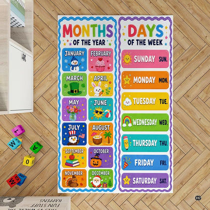 Close view of colorful seasonal illustrations and cheerful cartoon icons on the educational area rug print. - thumbnail image 3 of 7