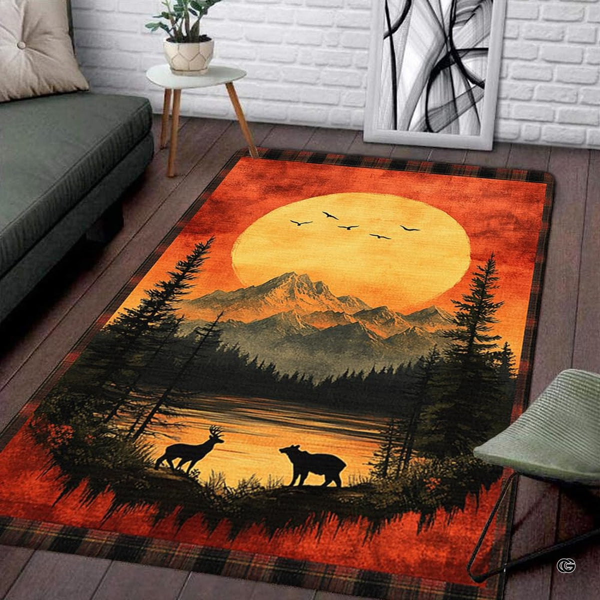 Rustic wildlife mountain landscape area rug featuring bear, deer, lake sunset, and plaid border. - image 1 of 5