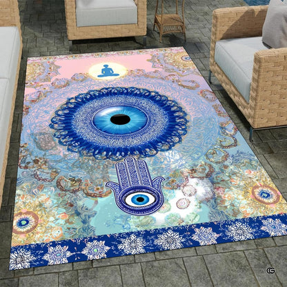 Evil eye Hamsa mandala meditation area rug displaying protective symbols and turquoise pastel watercolor artwork. - thumbnail image 1 of 8