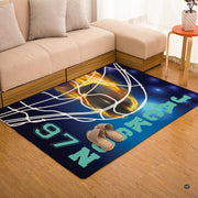 Stylized sports room aesthetic centered around a bold flaming puck hockey rink rug display. - thumbnail image 7 of 7
