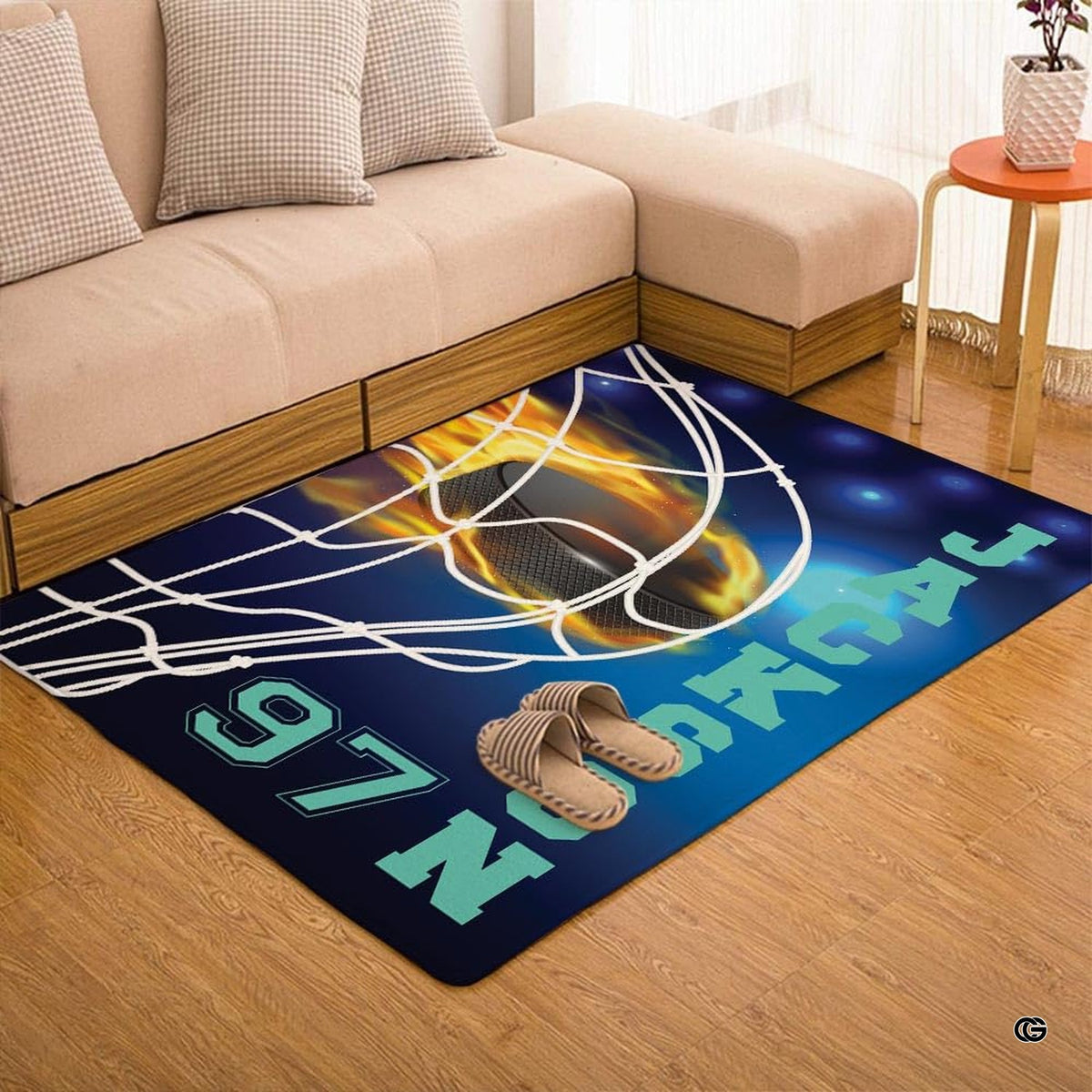 Stylized sports room aesthetic centered around a bold flaming puck hockey rink rug display. - image 7 of 7
