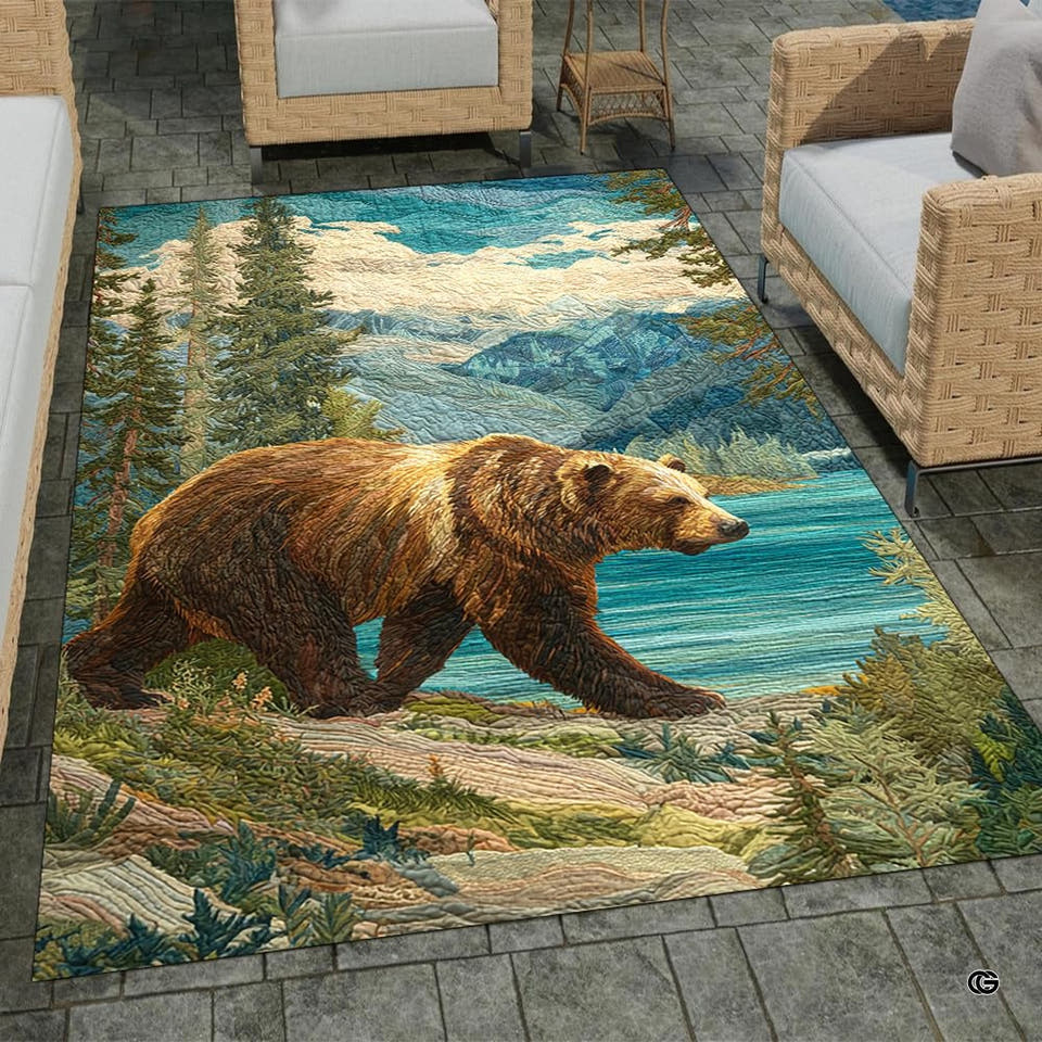 Grizzly bear scenic nature animal rug displaying alpine mountain lake artwork with pine trees.