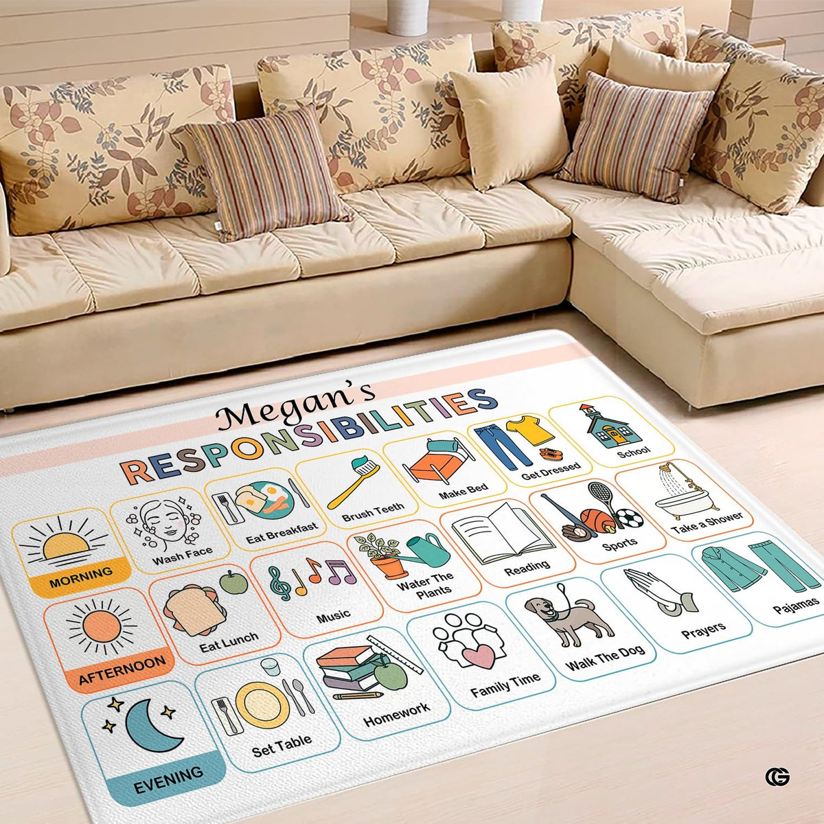 Overhead view of kids chore chart area rug exhibiting daily schedule grid artwork across the floor. - image 7 of 8