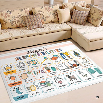 Overhead view of kids chore chart area rug exhibiting daily schedule grid artwork across the floor. - thumbnail image 7 of 8