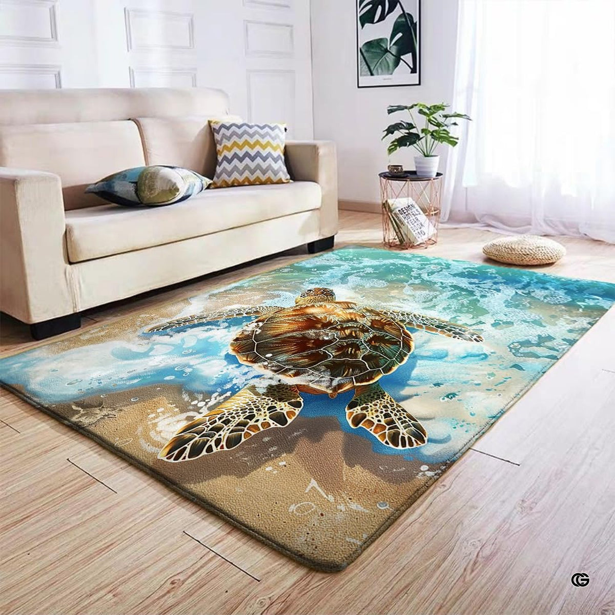 Sunny beach sea turtle area rug styled on hardwood flooring in living room. - image 4 of 7