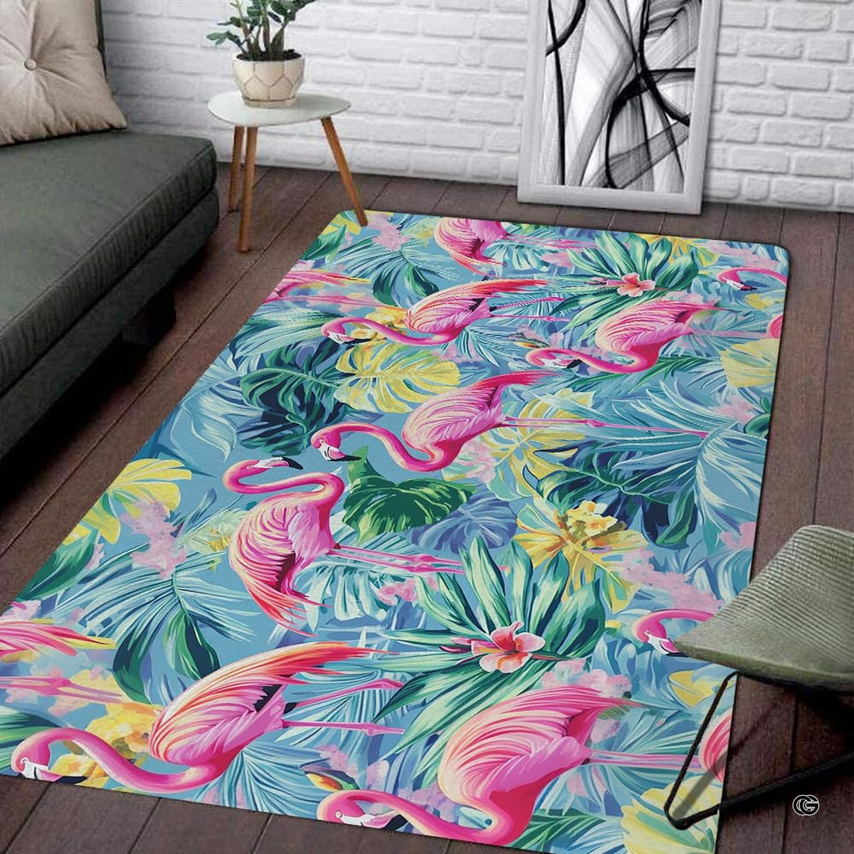 Tropical pink flamingo living room area rug styled in modern living room setup