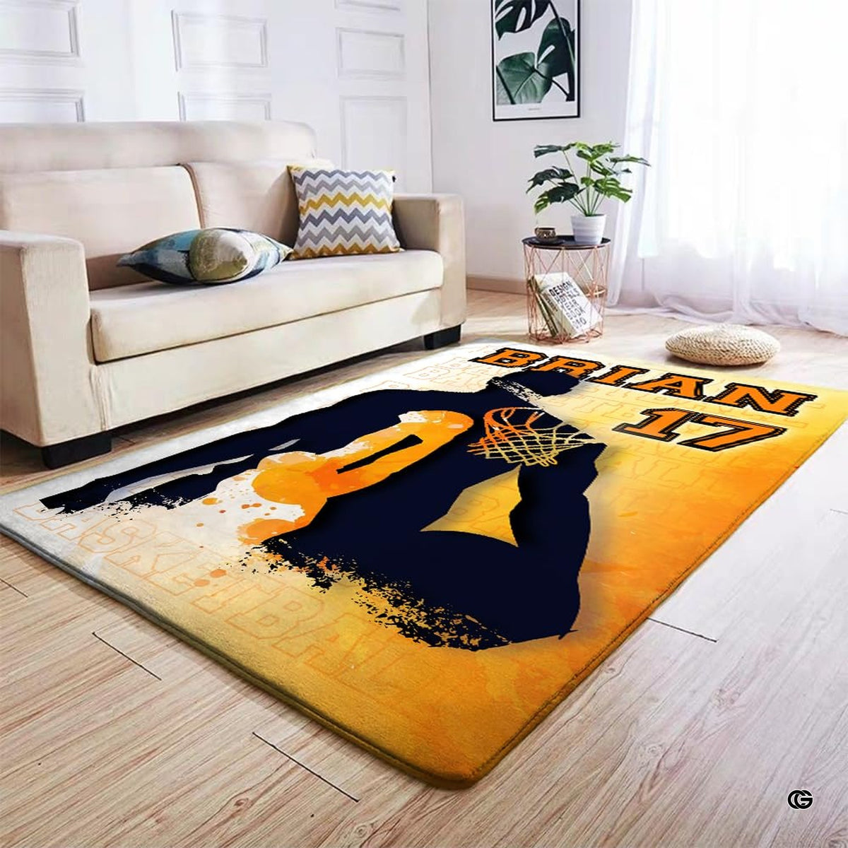 Anti-slip dot backing and clean hemmed edge stitching on basketball player rug - image 4 of 7