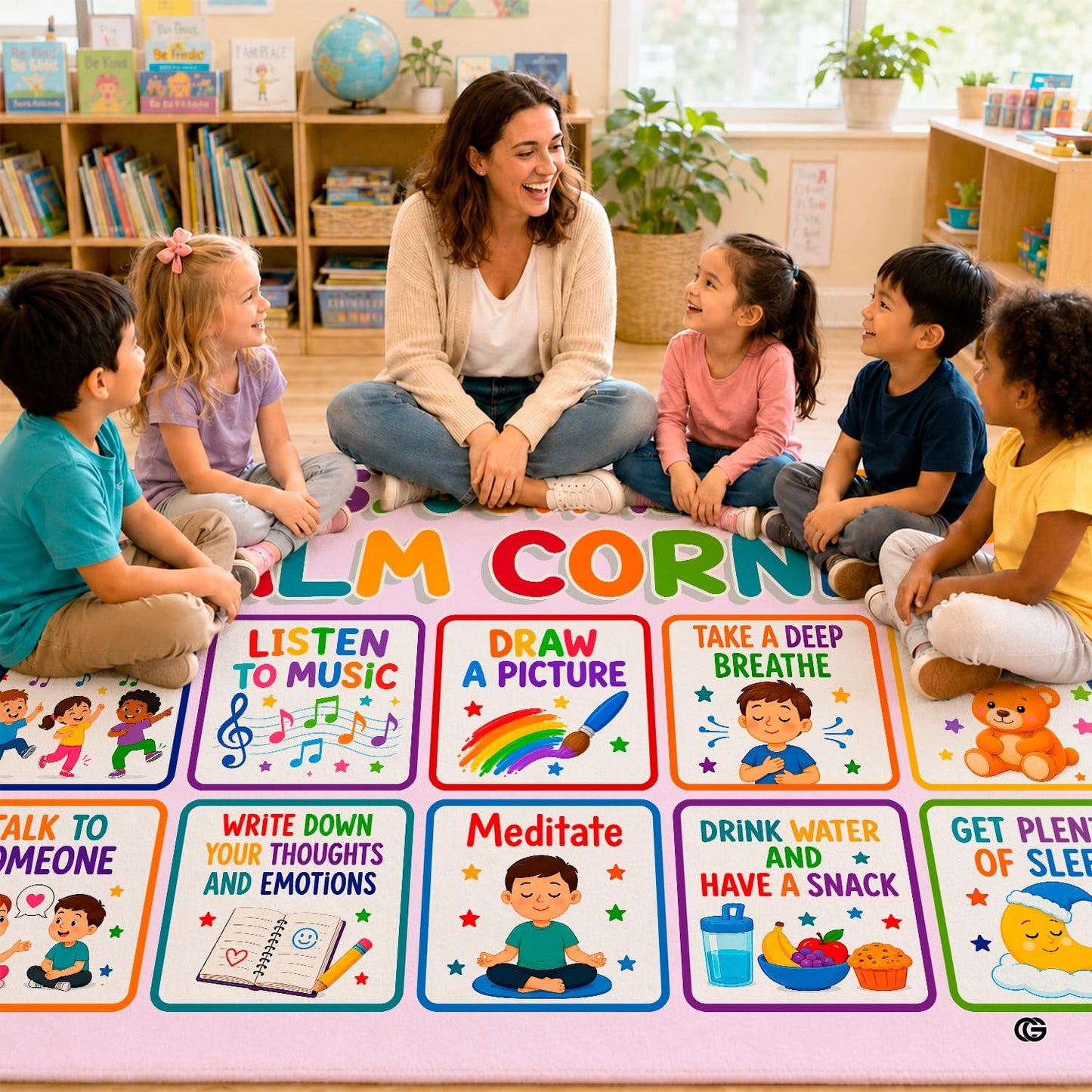 Personalized Calming Corner Rug for Classroom, Custom Teacher Name Reading Corner Rug, Emotions Feelings Carpet, Soft Fluffy Calm Corner Decor for School Reading Nook (Calming Corner)