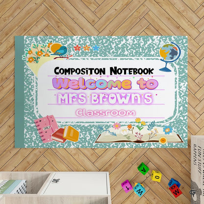 Green marbled composition notebook classroom area rug with welcome teacher banner and floral school motifs. (Angle 3) - thumbnail image 3 of 8