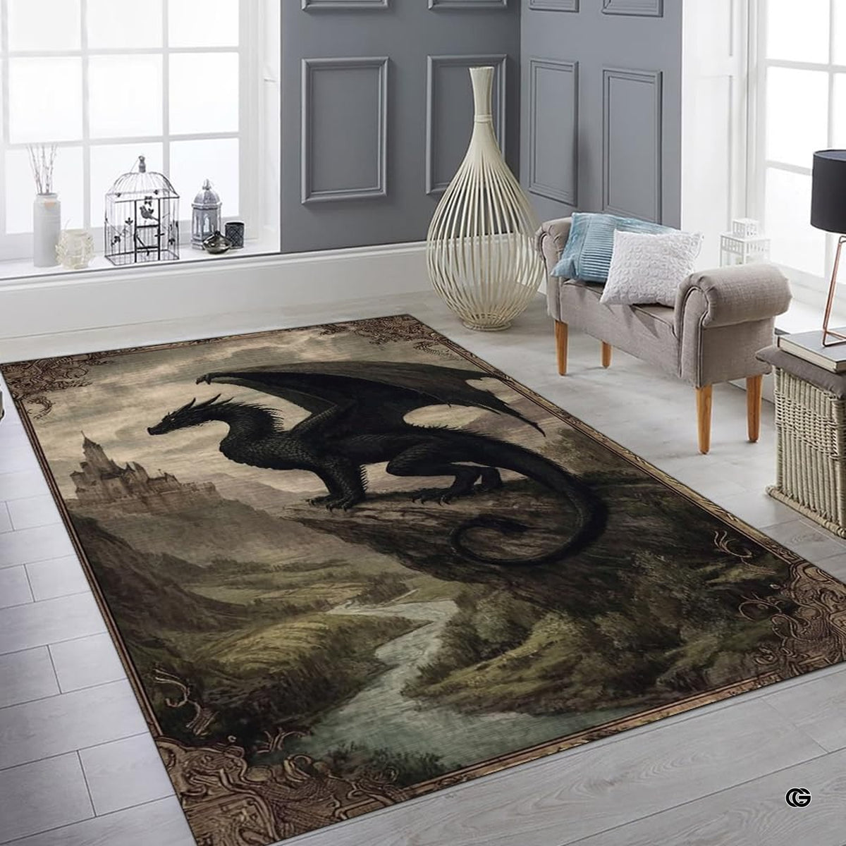 Dramatic black winged dragon perched on a high cliff overlooking an ancient fantasy castle and river valley area rug. - image 2 of 8