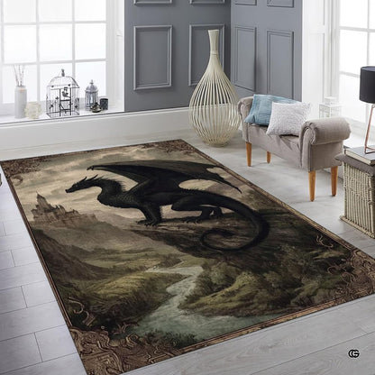 Dramatic black winged dragon perched on a high cliff overlooking an ancient fantasy castle and river valley area rug. - thumbnail image 2 of 8