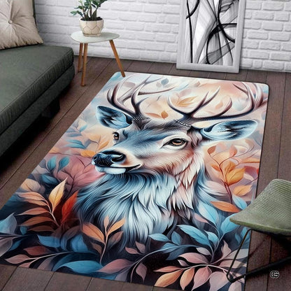 Artistic deer area rug placed alongside living room couch and accent furniture. - thumbnail image 7 of 7