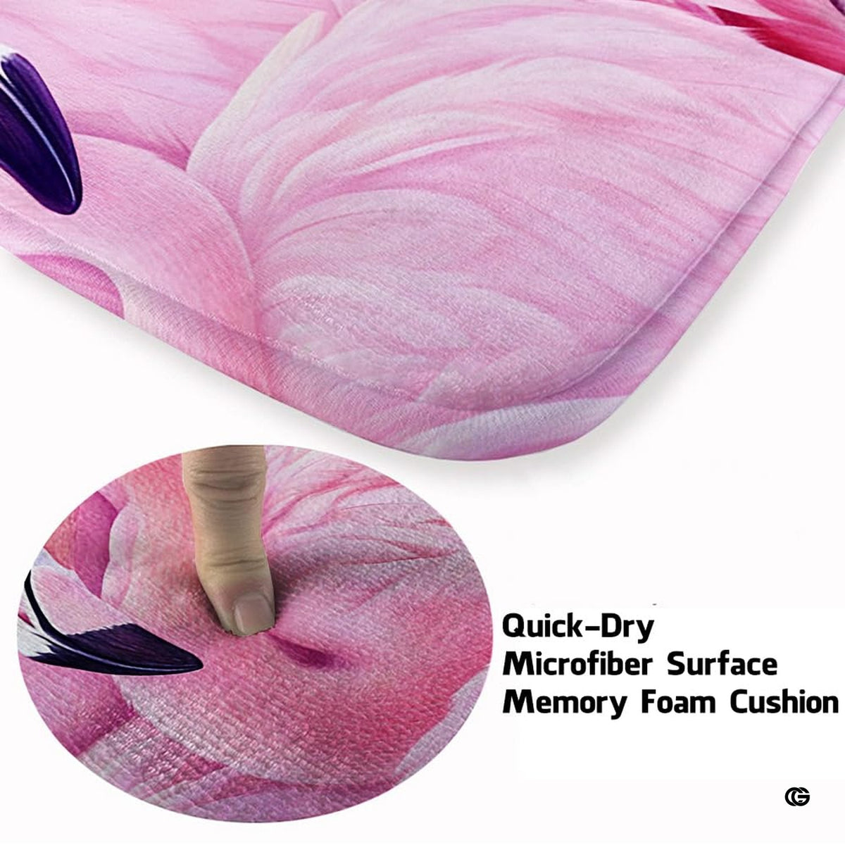 Angled perspective of pink flamingo artwork on a decorative floor rug.