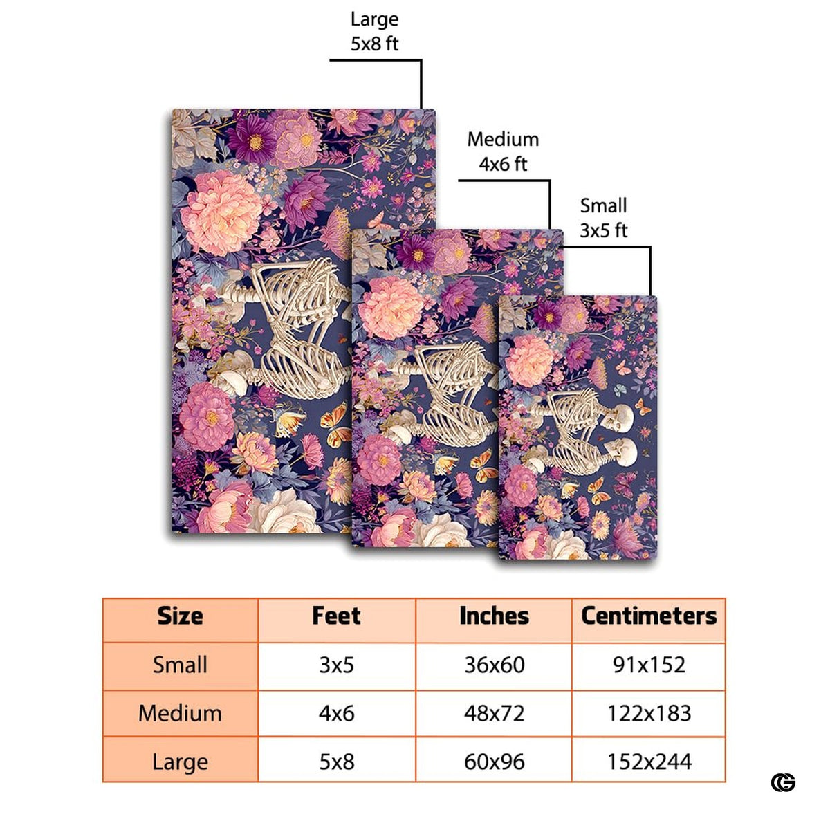 Size proportion guide showing small 3x5, medium 4x6, and large 5x8 area rug dimensions - image 4 of 8