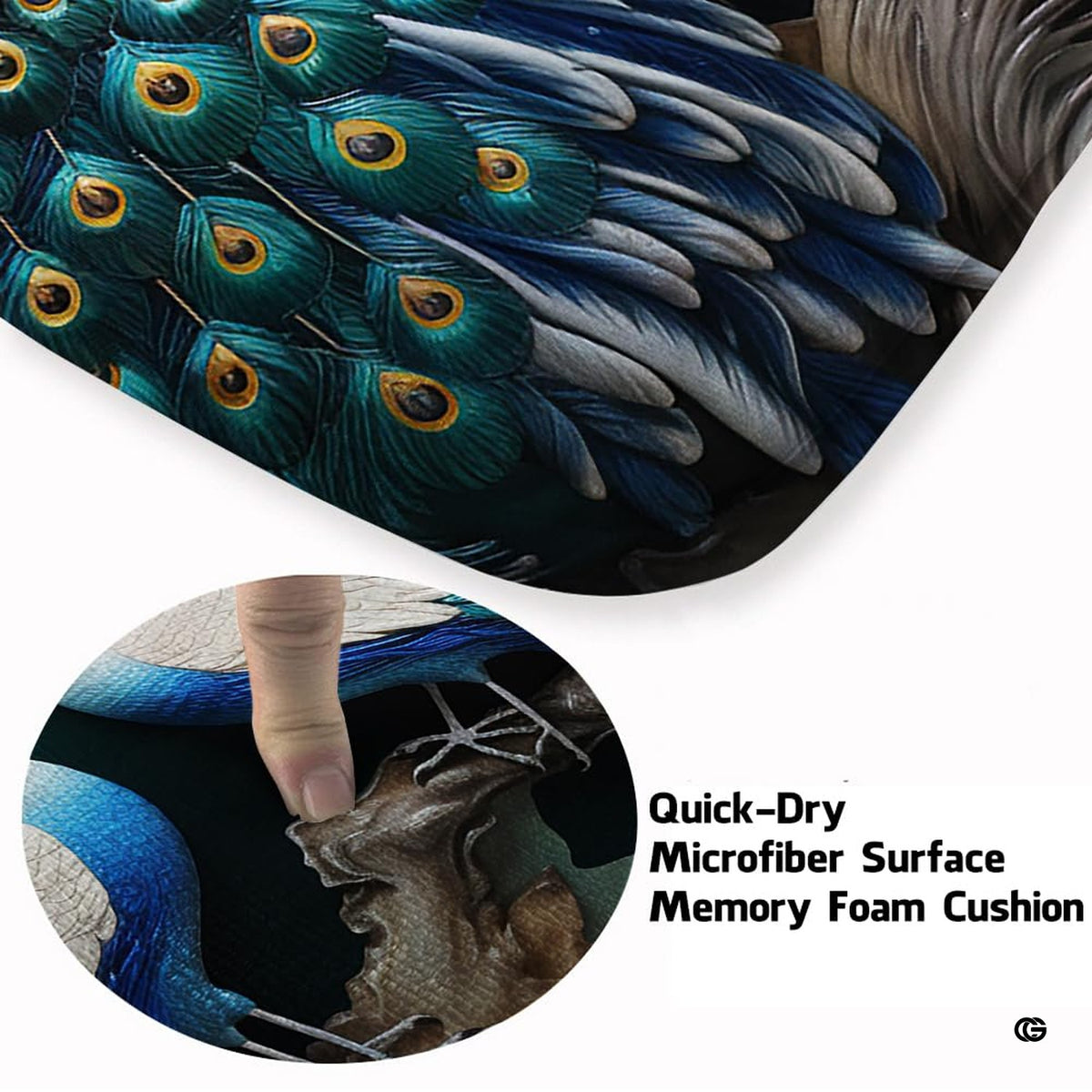 Detail of vibrant blue peacock plumage and delicate golden crests amidst blooming branches.
