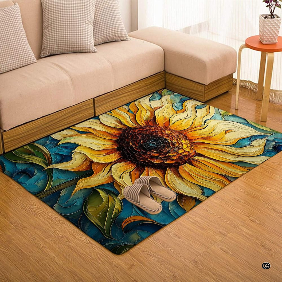 Swirling sunflower area rug placed alongside living room couch and accent furniture. - image 7 of 7
