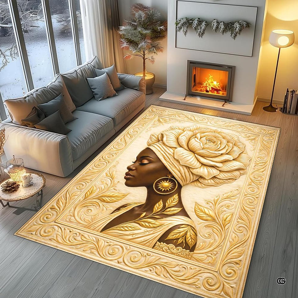 Golden black art rug featuring regal portrait with ornate headwrap in a living room