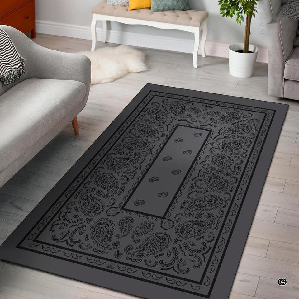 Dark charcoal gray bandana paisley print living room area rug with ornate black borders