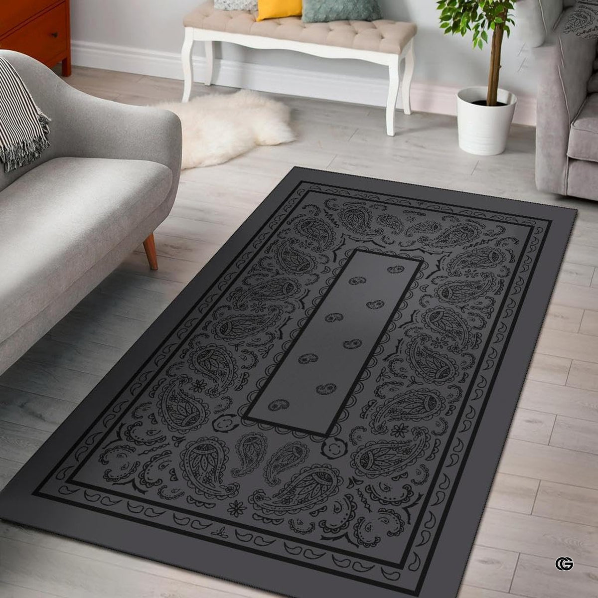 Dark charcoal gray bandana paisley print living room area rug with ornate black borders - image 1 of 9