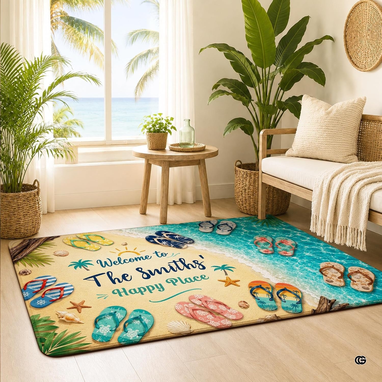 Personalized Tropical Beach Rug, Custom Family Name Tropical Outdoor Rug, Flamingo Surfboard Ocean Area Rug for Living Room, Patio, Beach House Decor, Design 01