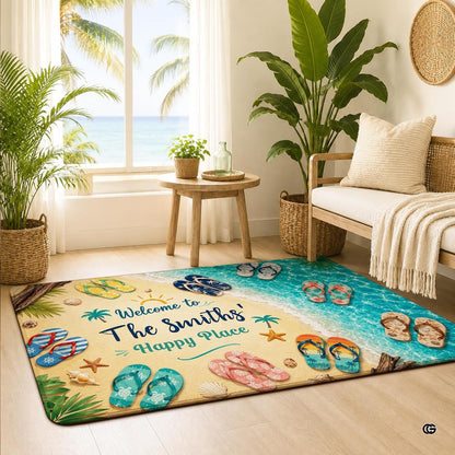 Personalized Tropical Beach Rug, Custom Family Name Tropical Outdoor Rug, Flamingo Surfboard Ocean Area Rug for Living Room, Patio, Beach House Decor, Design 01