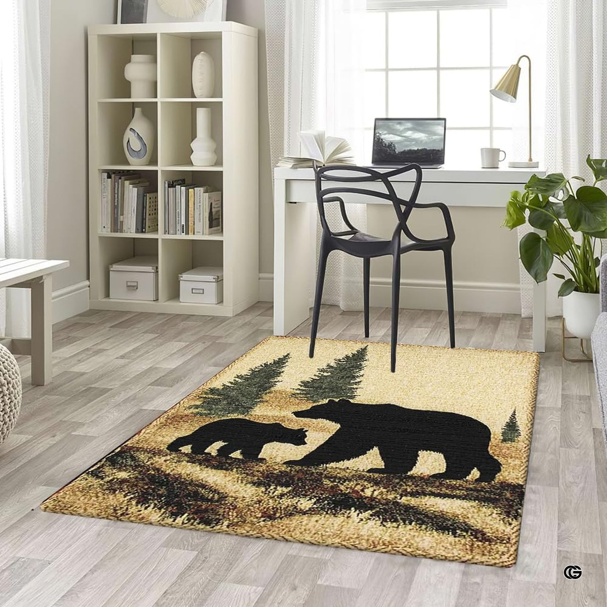 Alpine lodge floor showcasing a scenic cabin pine tree and bear silhouette floor centerpiece