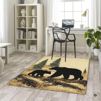 Alpine lodge floor showcasing a scenic cabin pine tree and bear silhouette floor centerpiece - thumbnail image 5 of 5