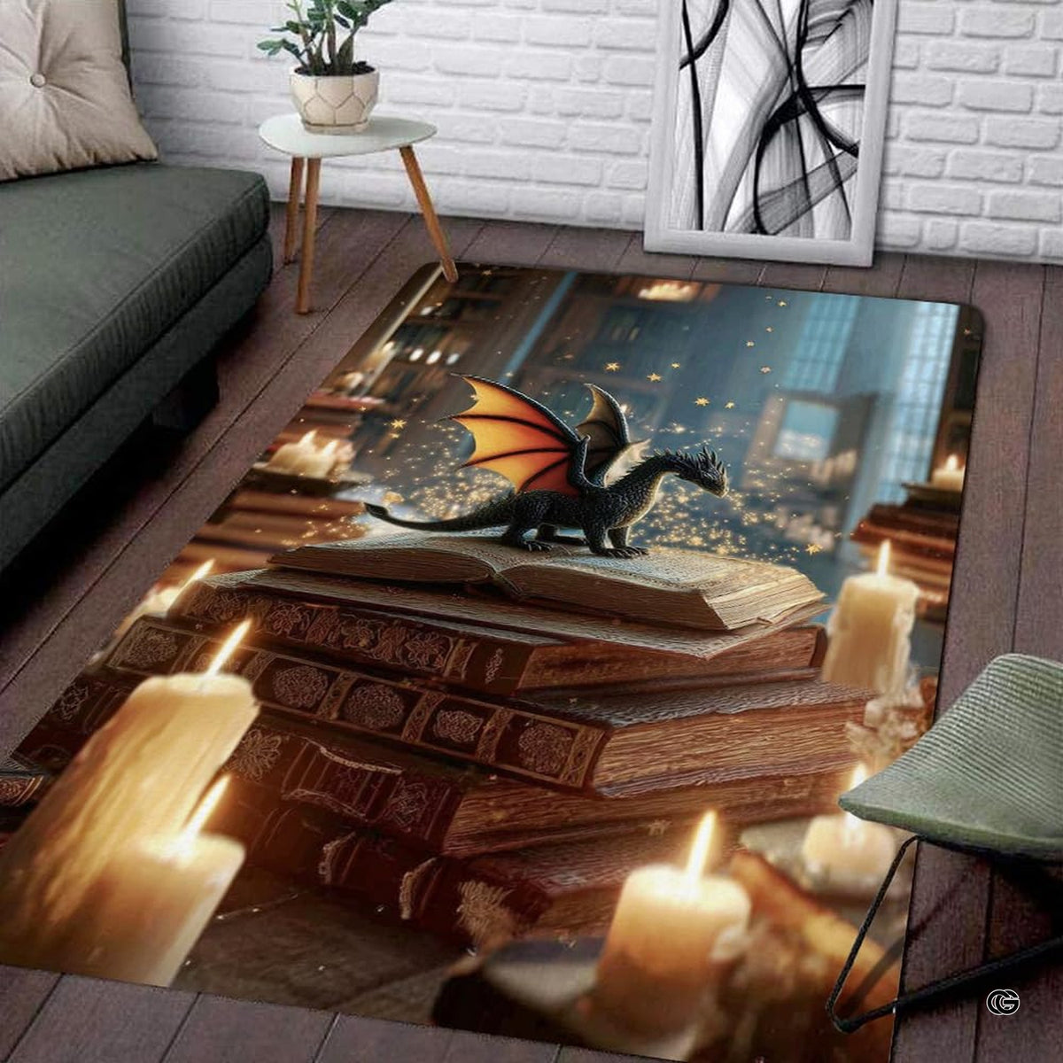 Miniature fantasy dragon with luminous orange wings resting on open spellbook illuminated by candlelight area rug.