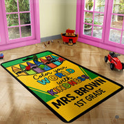 Curved packaging division lines and dark piping border detail on crayon box classroom rug. - thumbnail image 5 of 7