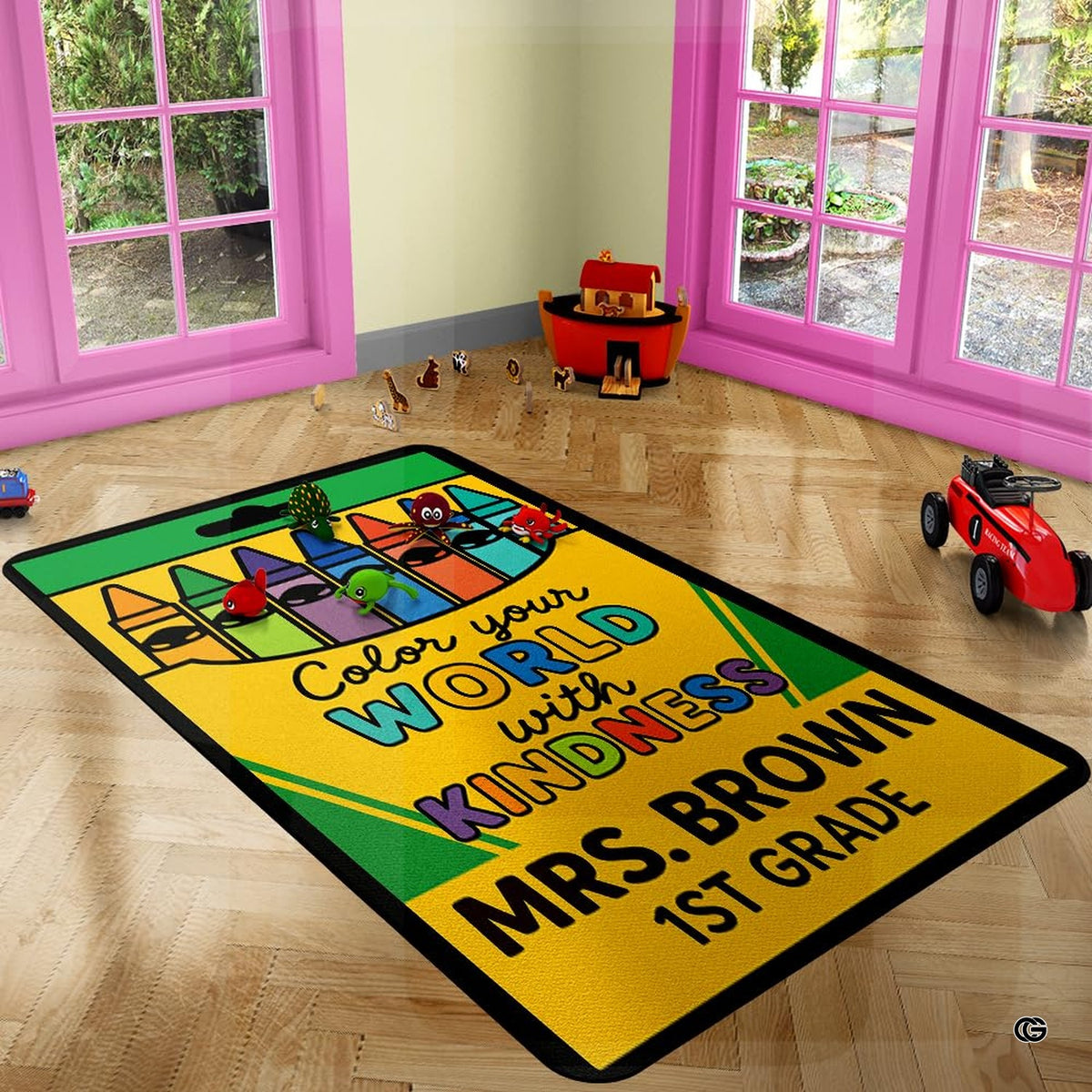 Curved packaging division lines and dark piping border detail on crayon box classroom rug. - image 5 of 7