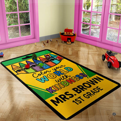 Curved packaging division lines and dark piping border detail on crayon box classroom rug. - thumbnail image 5 of 7