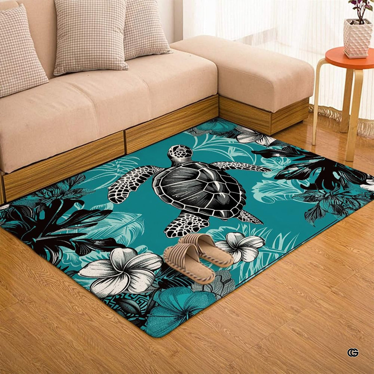 Honu sea turtle area rug displayed beside living room couch and side table.