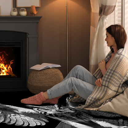 Dimensions and sizing chart for flying horned owl living room area rug - thumbnail image 2 of 8