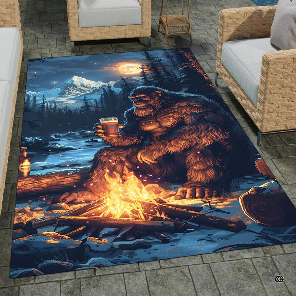 Bigfoot campfire moonlight river rectangular area rug in top overhead view