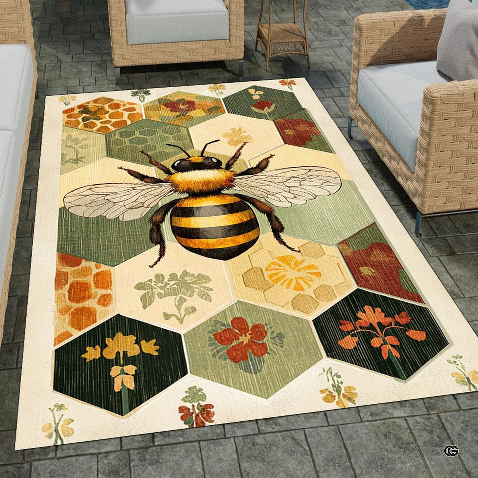 Stone patio setting featuring a honeycomb hexagon botanical bee tapestry area rug