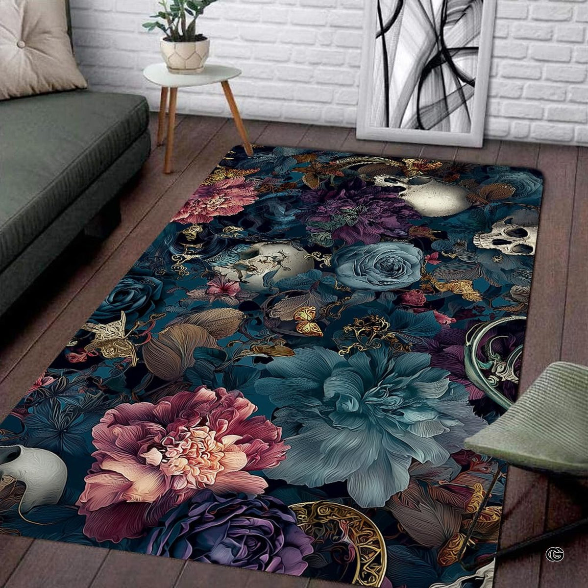 Fireside lounge setting with a person relaxing beside the moody floral skull area rug - image 3 of 8