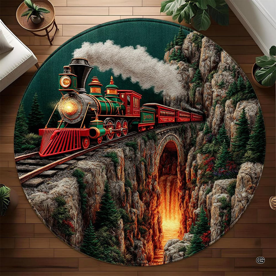 Vintage locomotive round area rug showing steam train crossing stone viaduct.