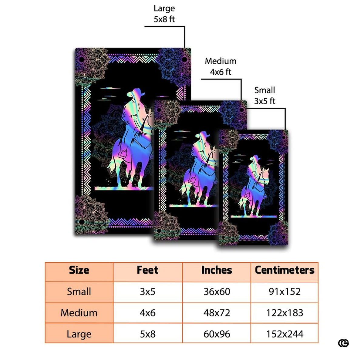 Dimensions and sizing options chart for holographic western cowboy mandala living room area rug