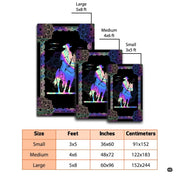 Dimensions and sizing options chart for holographic western cowboy mandala living room area rug - thumbnail image 2 of 7